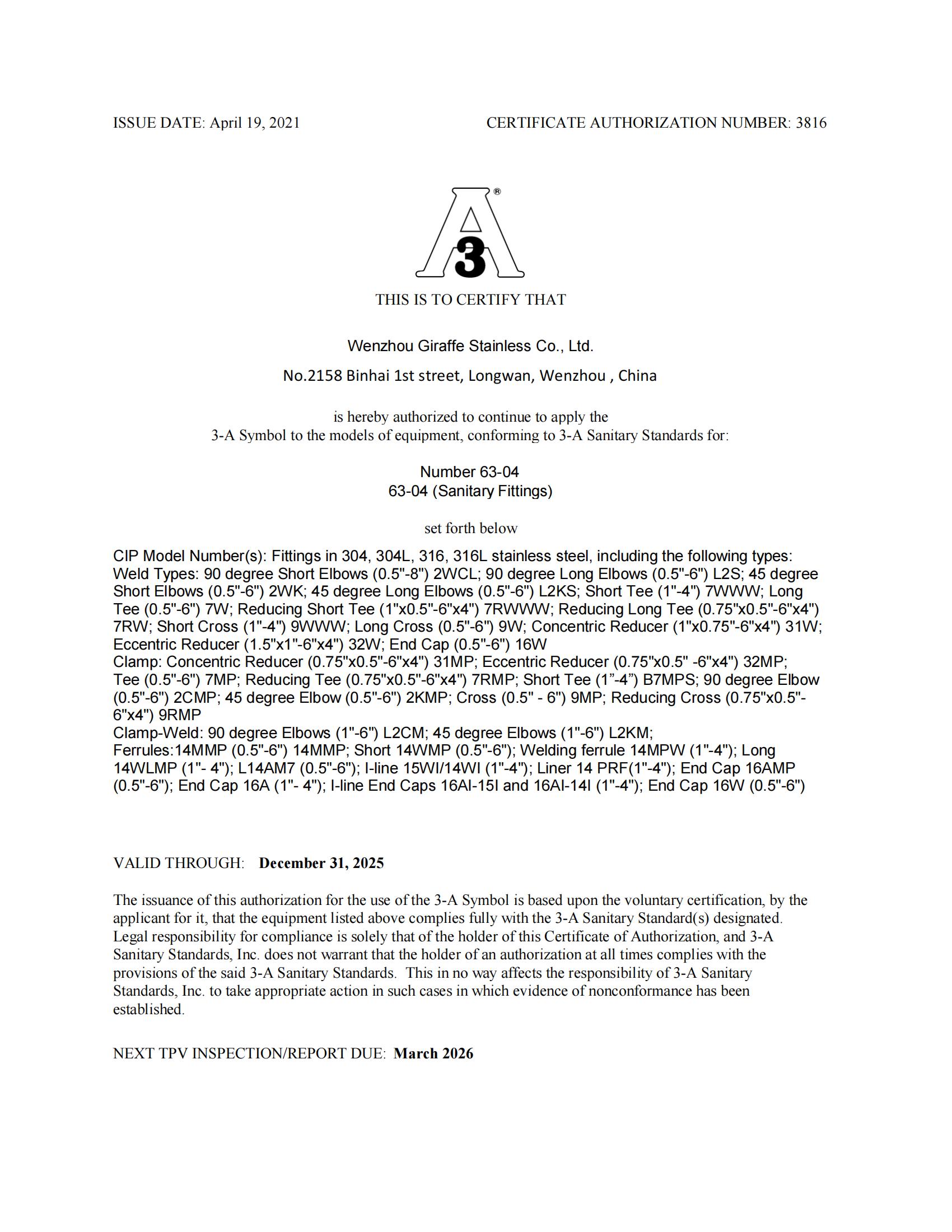 Giraffe Stainless 3A certificate