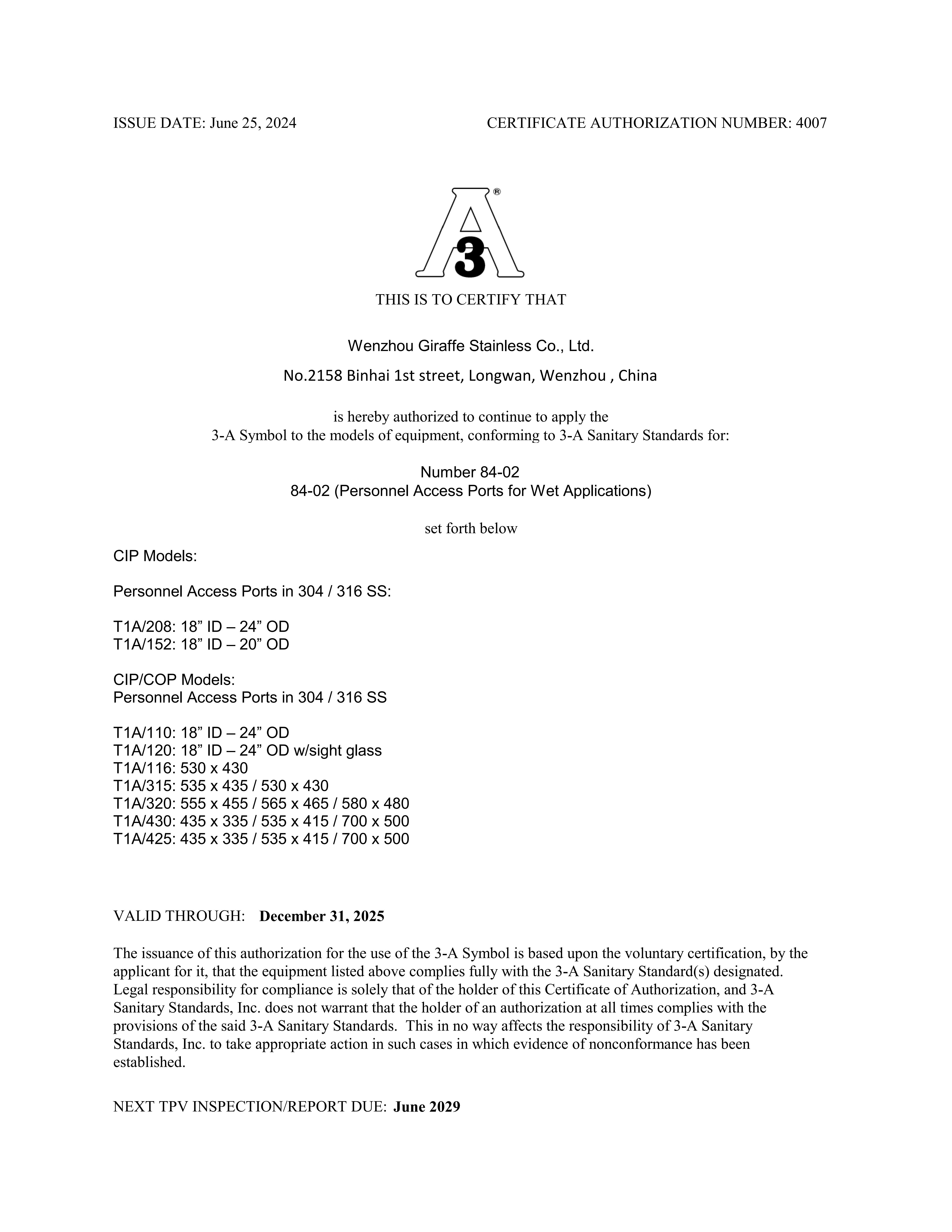 Giraffe Stainless 3A manways