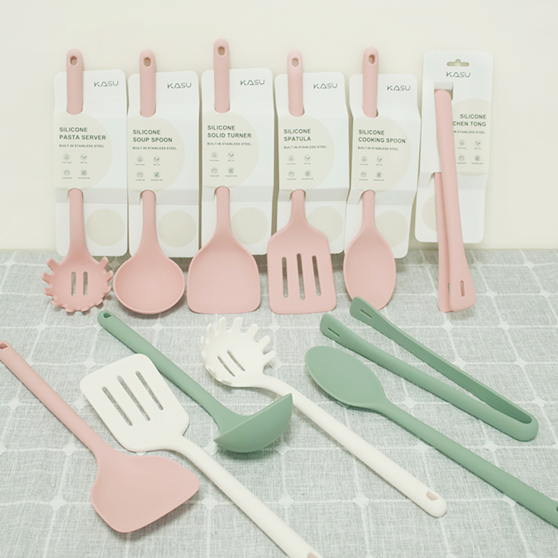PP002-PP007 KASU Premium Silicone Cooking Set Non-Stick Silicone Kitchen Tools With Spatula Turner Ladle Food Tong Slotted Spoon Pasta Fork 6