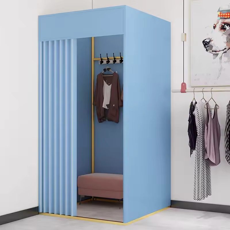 Modern Luxury Customized Freestanding Metal Boutique Fitting Room Clothes Shop Changing Room Curtain Contemporary Display Racks