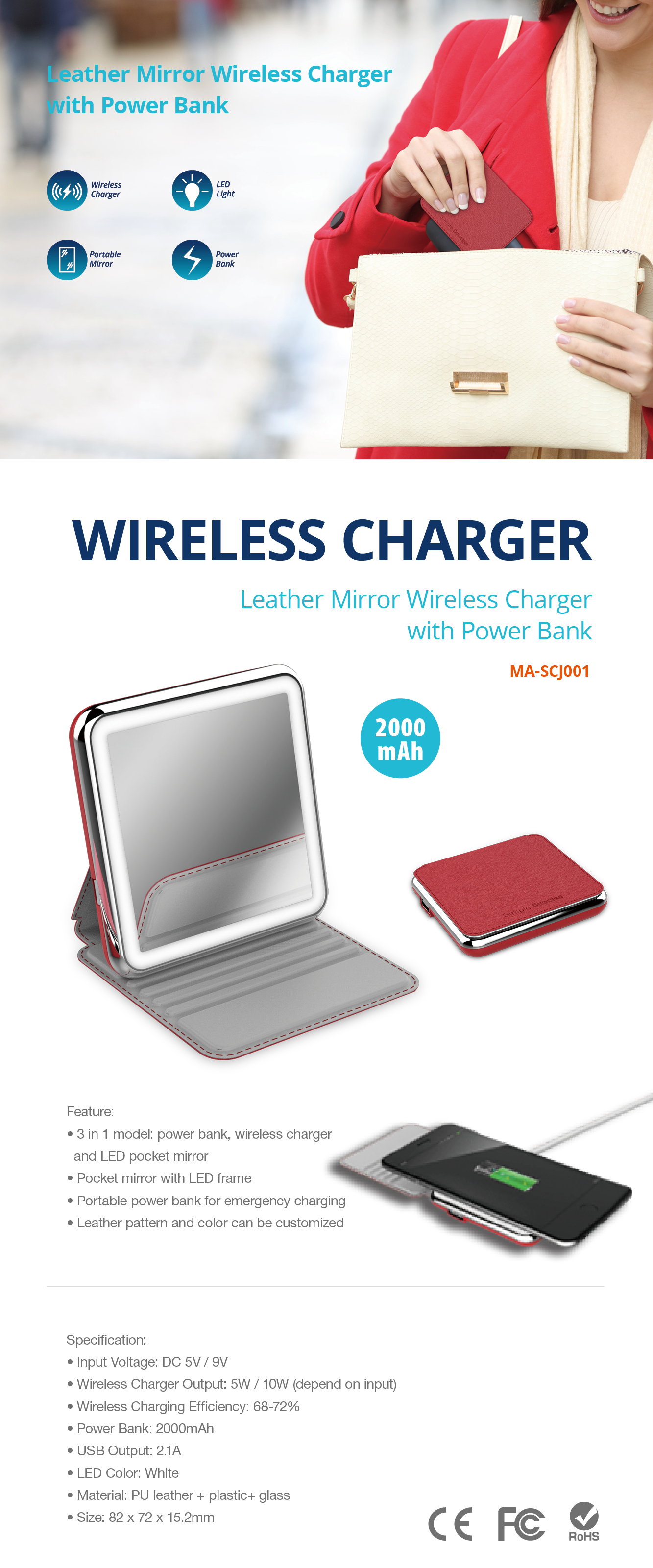 Leather Mirror Wireless Charger with Power Bank 2