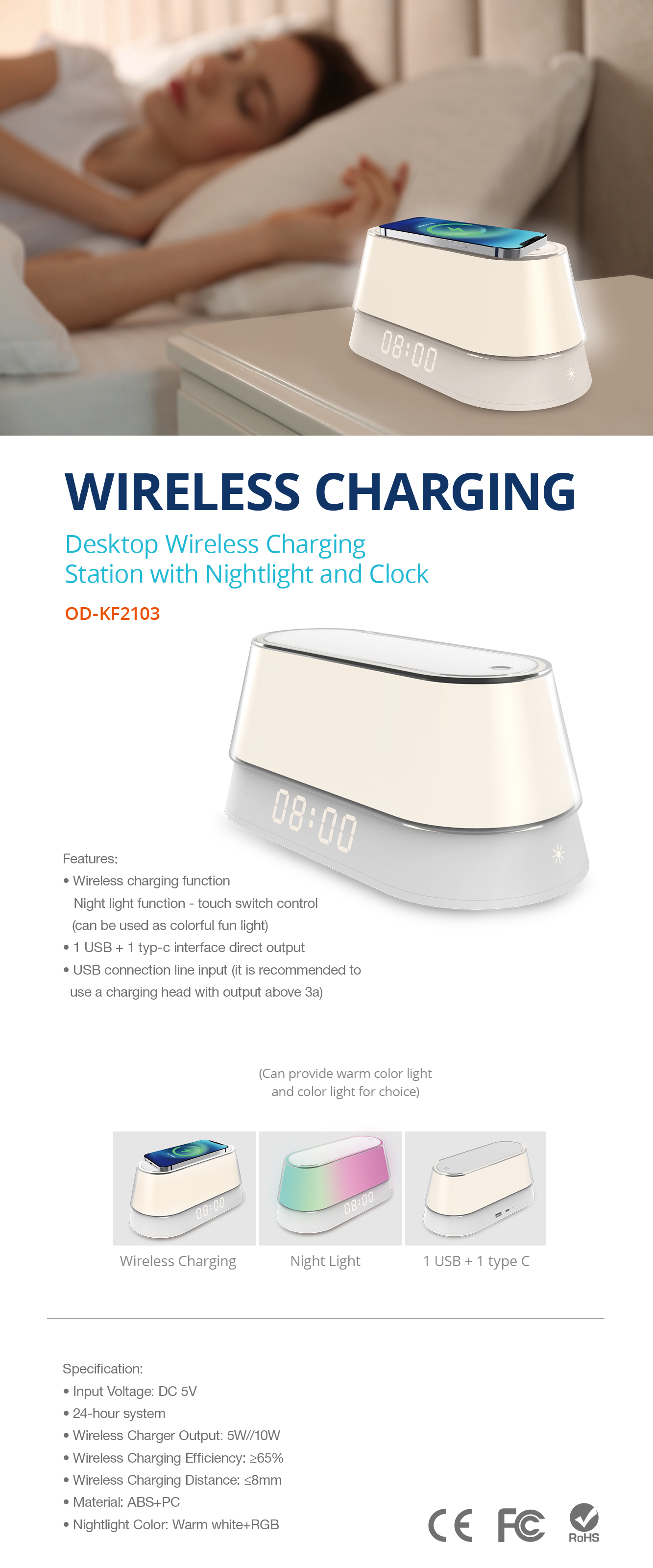 Desktop Wireless Charging Station with Nightlight and Clock 2