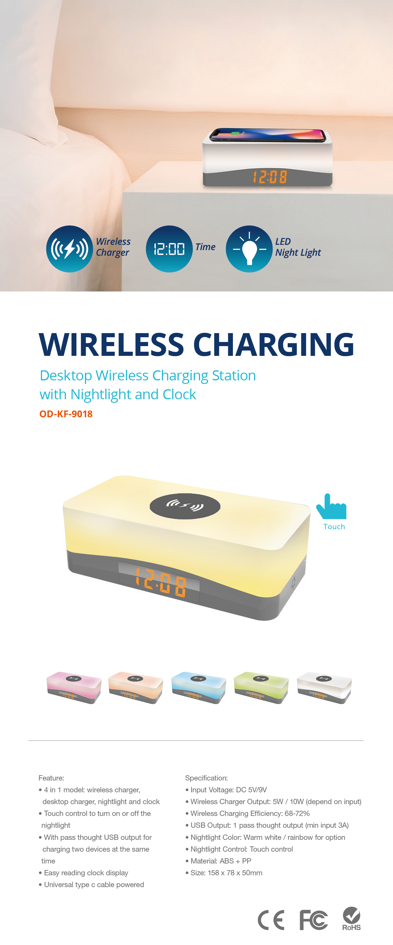 Desktop Wireless Charging Station with Nightlight and Clock 2