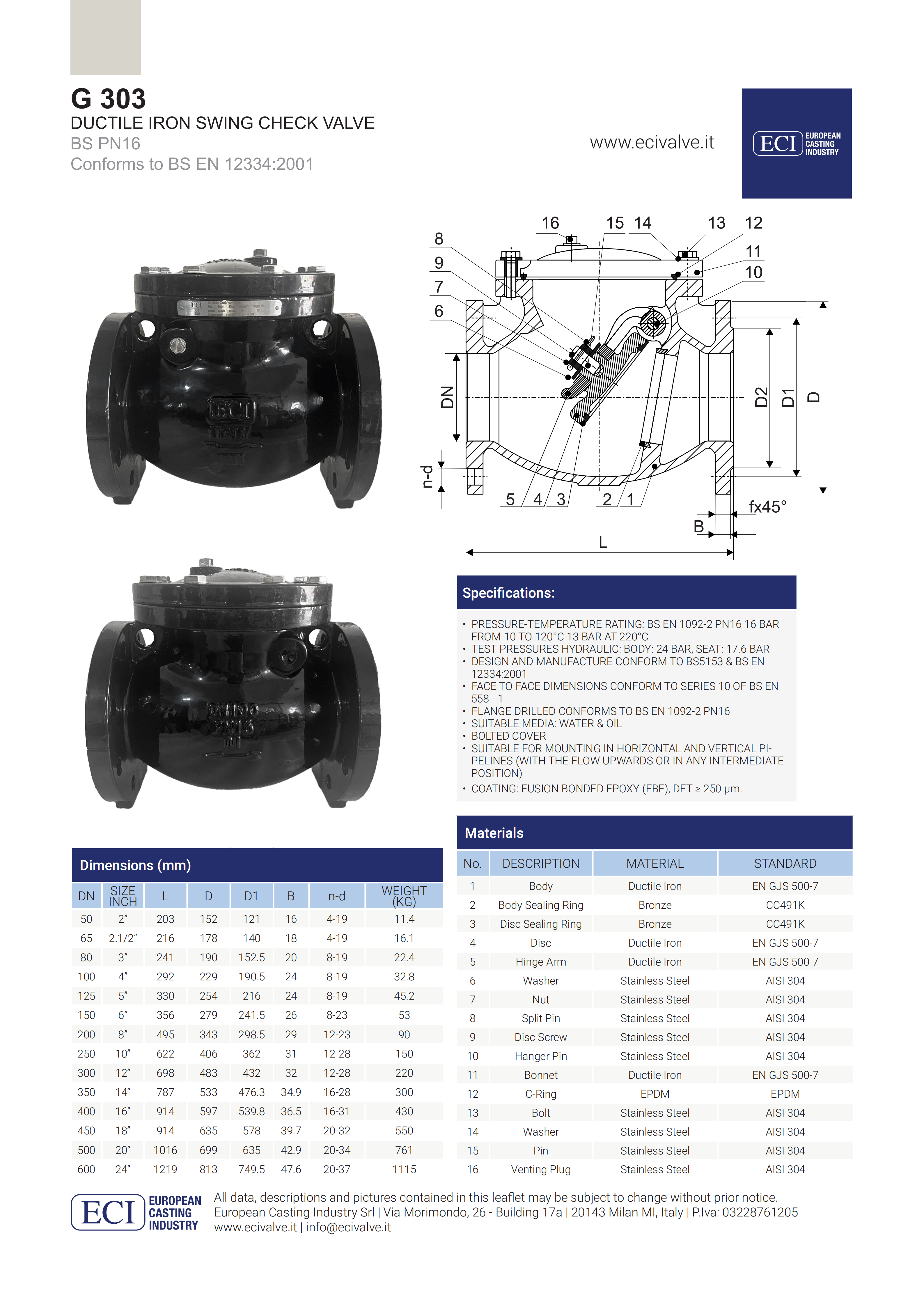 HEBEI - G 303 - DUCTILE IRON SWING CHECK VALVE BS PN16 Conforms to BS ...