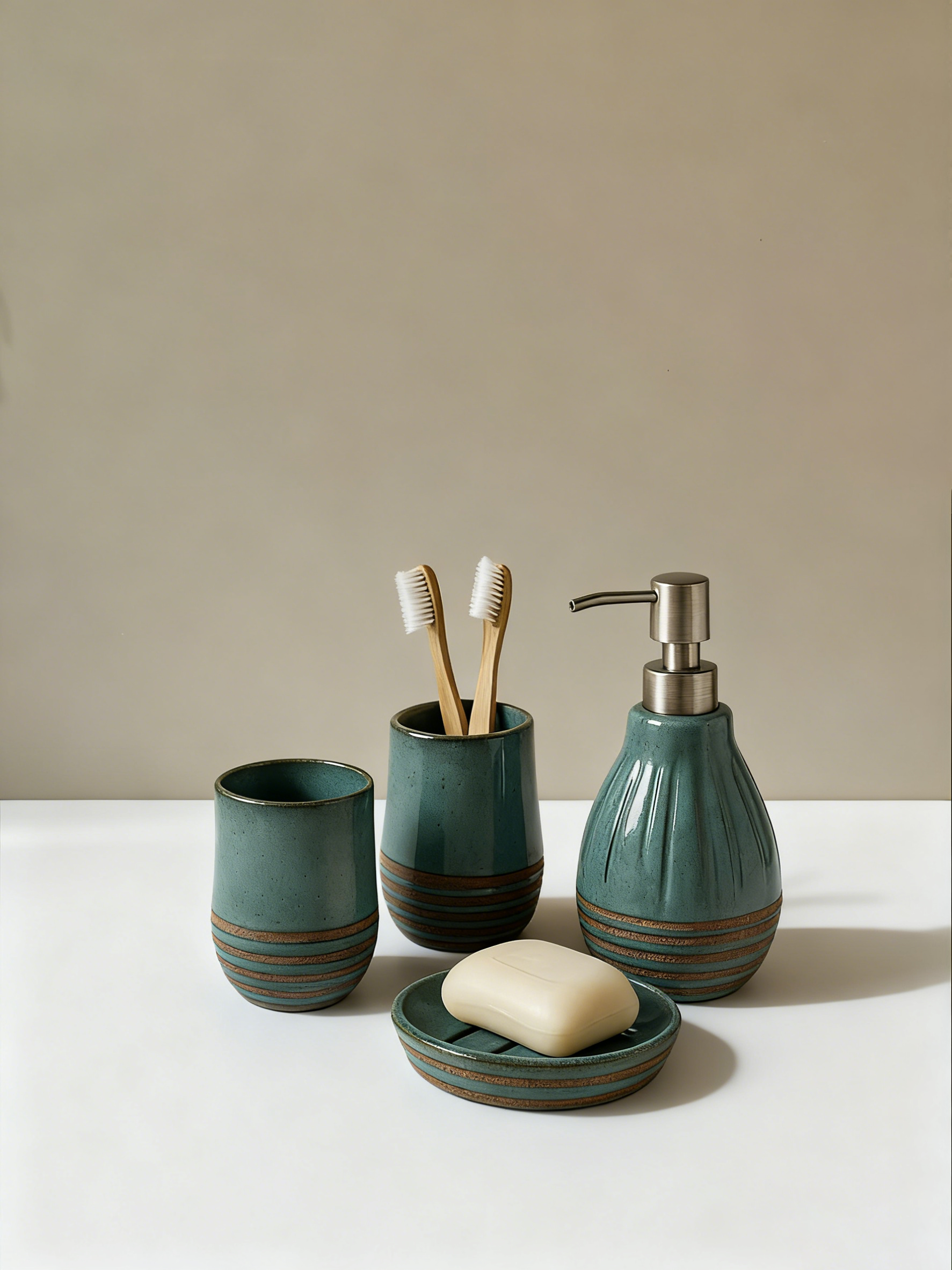 蓝绿色条纹底陶瓷洗浴套装