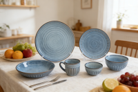 炻瓷花瓣竖条纹理蓝色套件1