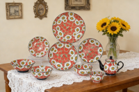 炻瓷平口盘圆形密集花卉图案红白