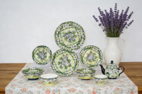 炻瓷平口盘圆形密集花卉图案白绿