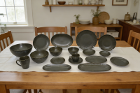 炻瓷平口盘太阳纹青灰色套件-2