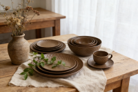 炻瓷平口盘锤目纹咖色套件-2