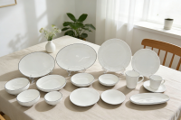 炻瓷竖条纹带蓝边白色套件-2