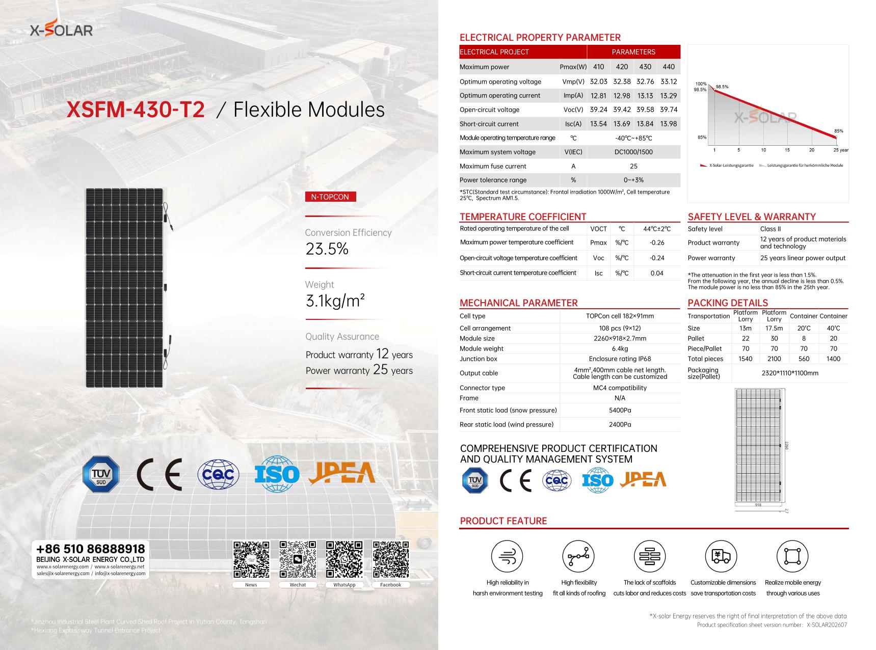 XSFM-430-T2 430W X-SOLAR product specification sheet