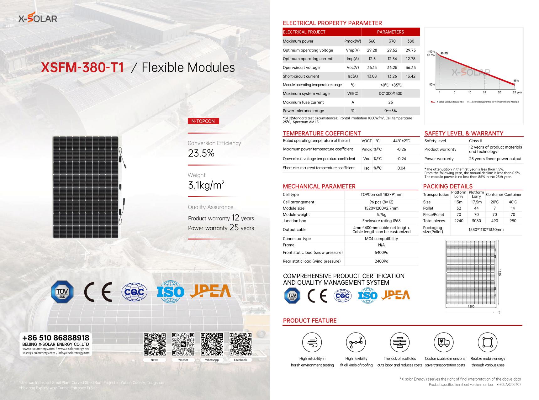 XSFM-380-T1 380W X-SOLAR product specification sheet