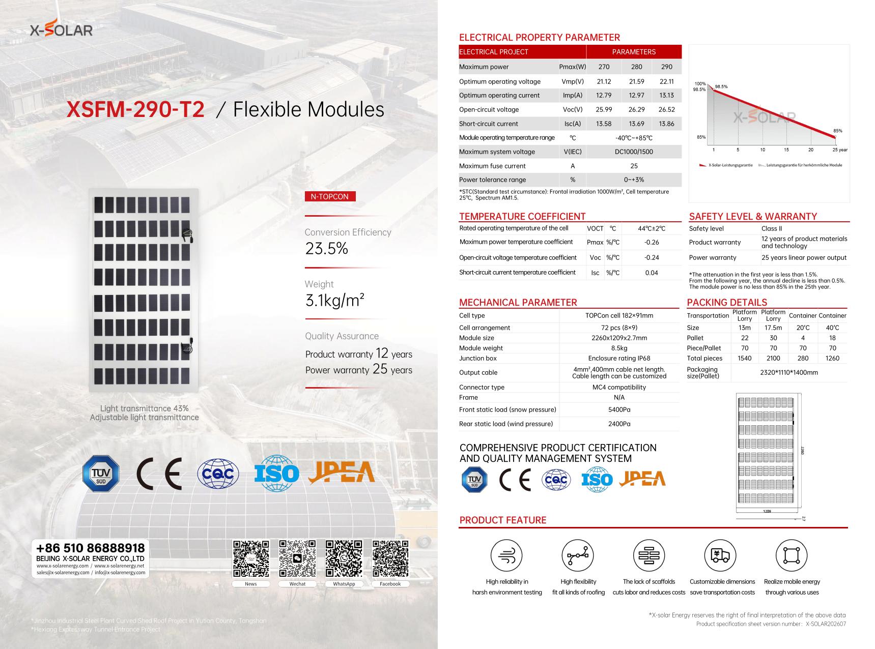 XSFM-290-T2 290W X-SOLAR product specification sheet