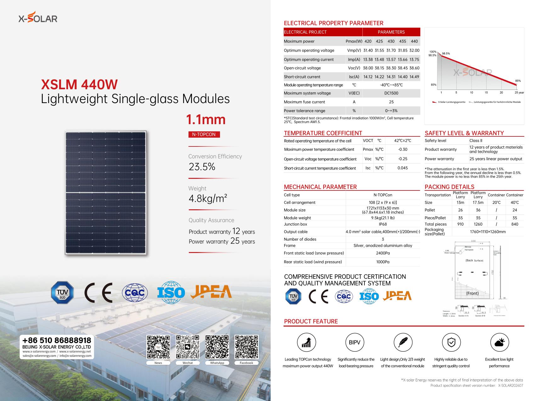 XSLM-440W 440W X-SOLAR product specification sheet