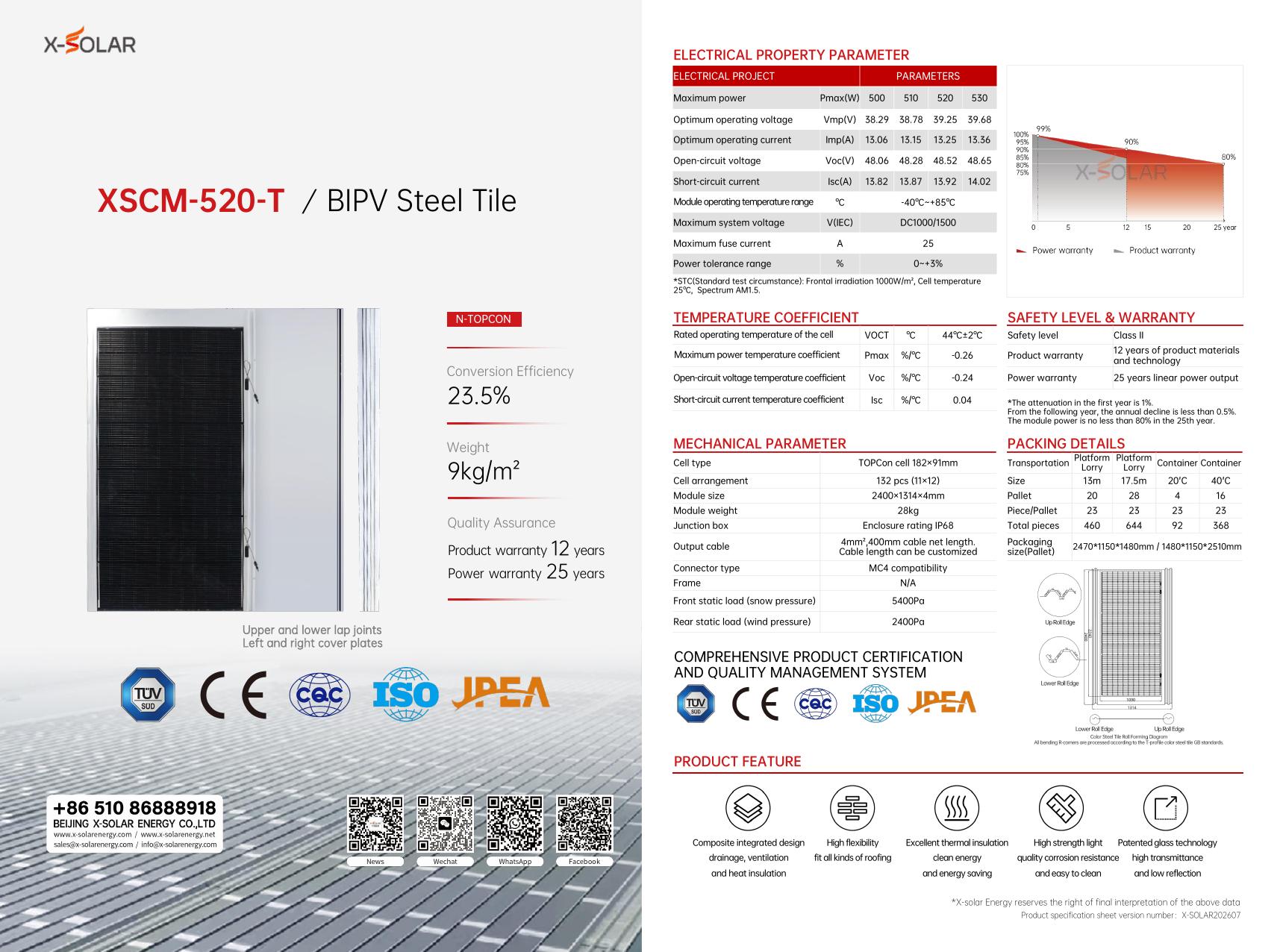 XSCM-520-T 520W X-SOLAR product specification sheet