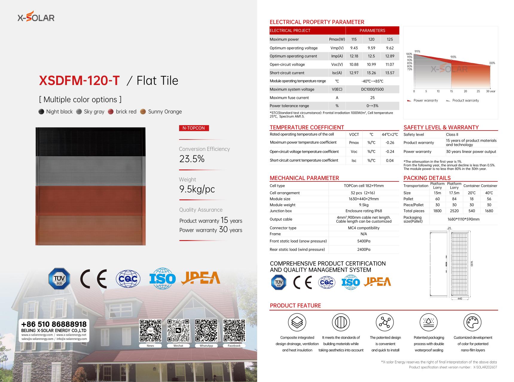 XSDFM-120-T 120W X-SOLAR product specification sheet