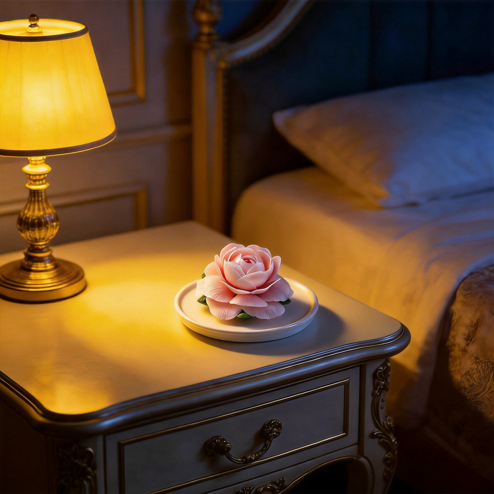 jimeng-2026-03-07-8576-将瓷花及托盘整体缩小到与台灯底座相同的尺寸，放置在原位置，保持场景光影和氛围不变