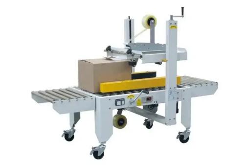 This semi-automatic carton sealing machine quickly and securely seals the top and bottom of cardboard boxes with tape, offering adjustable width/height settings for versatile use on most standard cartons.