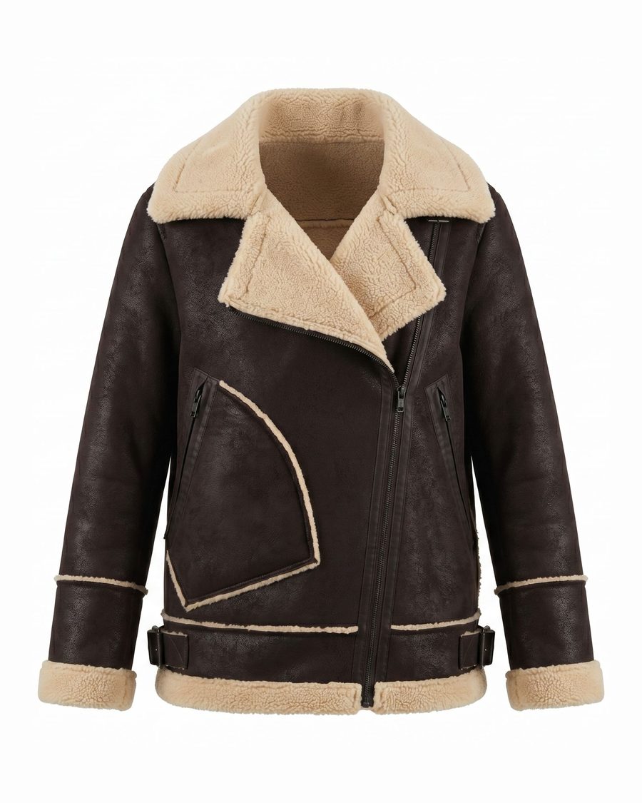 Shearling-collar leather jacket｜Production example 07｜DALIAN LAISIPENG
