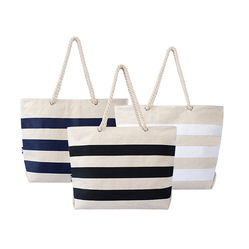 Beach Tote Bag Custom Printed Logo Eco-Friendly Reusable Tote Shopping Striped Canvas Bag