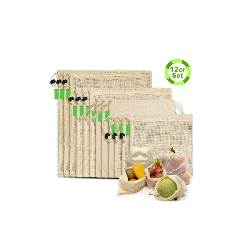 Eco-friendly natural reusable mesh produce grocery tote bags organic cotton shopping bags