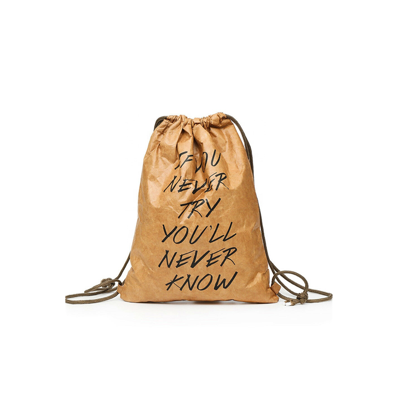 Eco-friendly thick waterproof drawstring backpack kraft paper storage bag