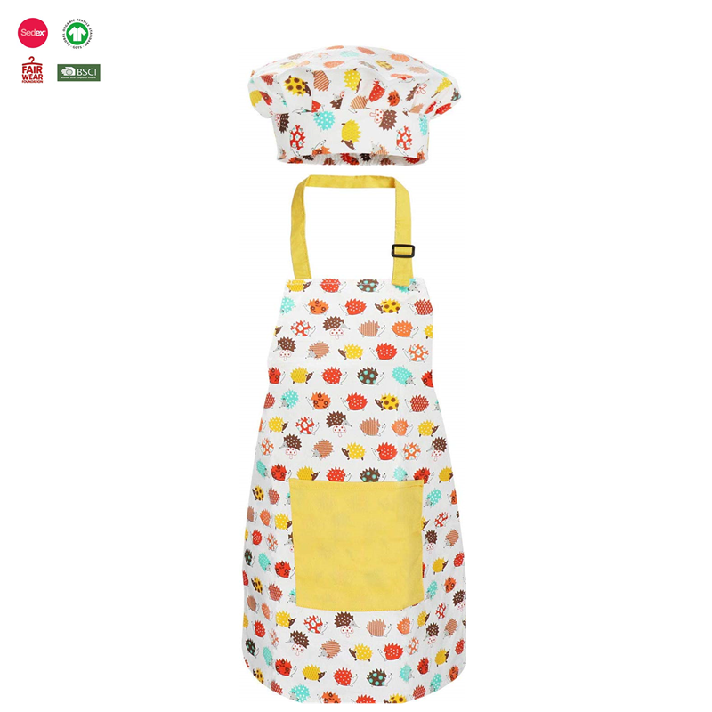 Recycled Cotton Baking Children Aprons with Adjustable Neck Strap and Pockets for Gardening Kids Apron Set and Chef Hat