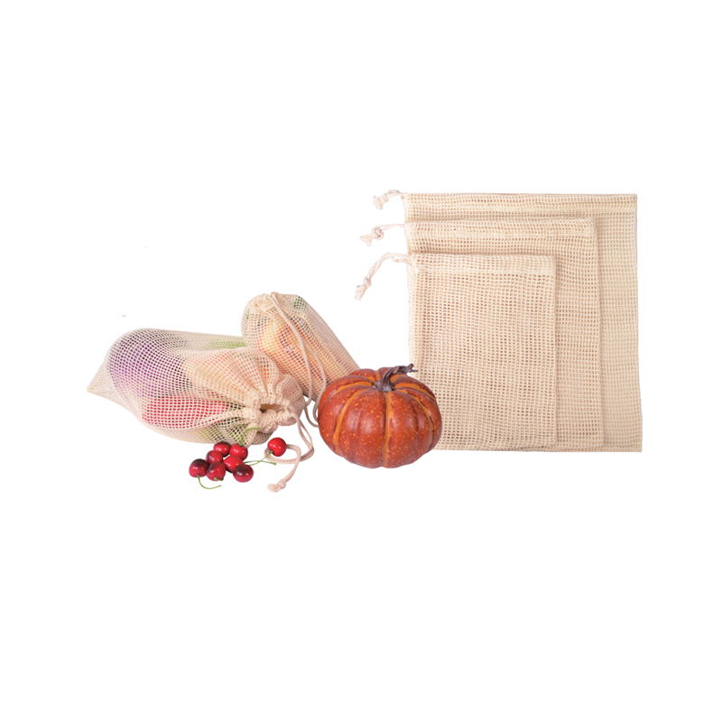Organic cotton reusable mesh drawstring bag