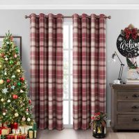 17T407——always4u100-BlackoutCurtainsCheckEyeletCurtainBedroomPlaidWovenBrushedChequePairofHighlandWoolenLookWindowTreatmentforLivingRoom-A-奥克兰老红色