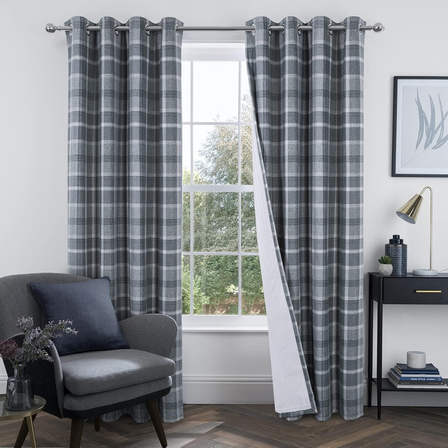 17T407——always4u100-BlackoutCurtainsCheckEyeletCurtainBedroomPlaidWovenBrushedChequePairofHighlandWoolenLookWindowTreatmentforLivingRoom-奥克兰灰色