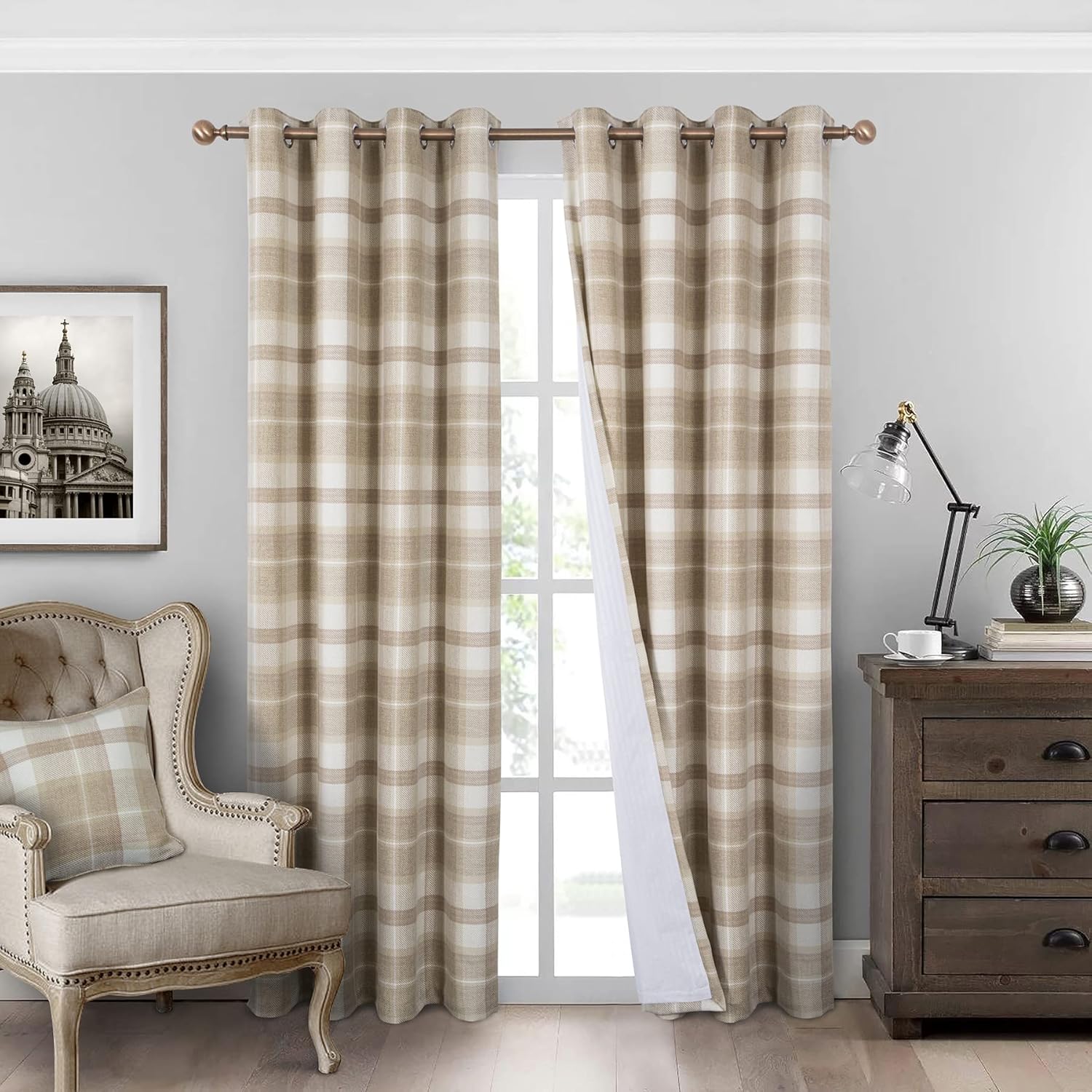17T407——always4u100-BlackoutCurtainsCheckEyeletCurtainBedroomPlaidWovenBrushedChequePairofHighlandWoolenLookWindowTreatmentforLivingRoom-奥克兰老米色