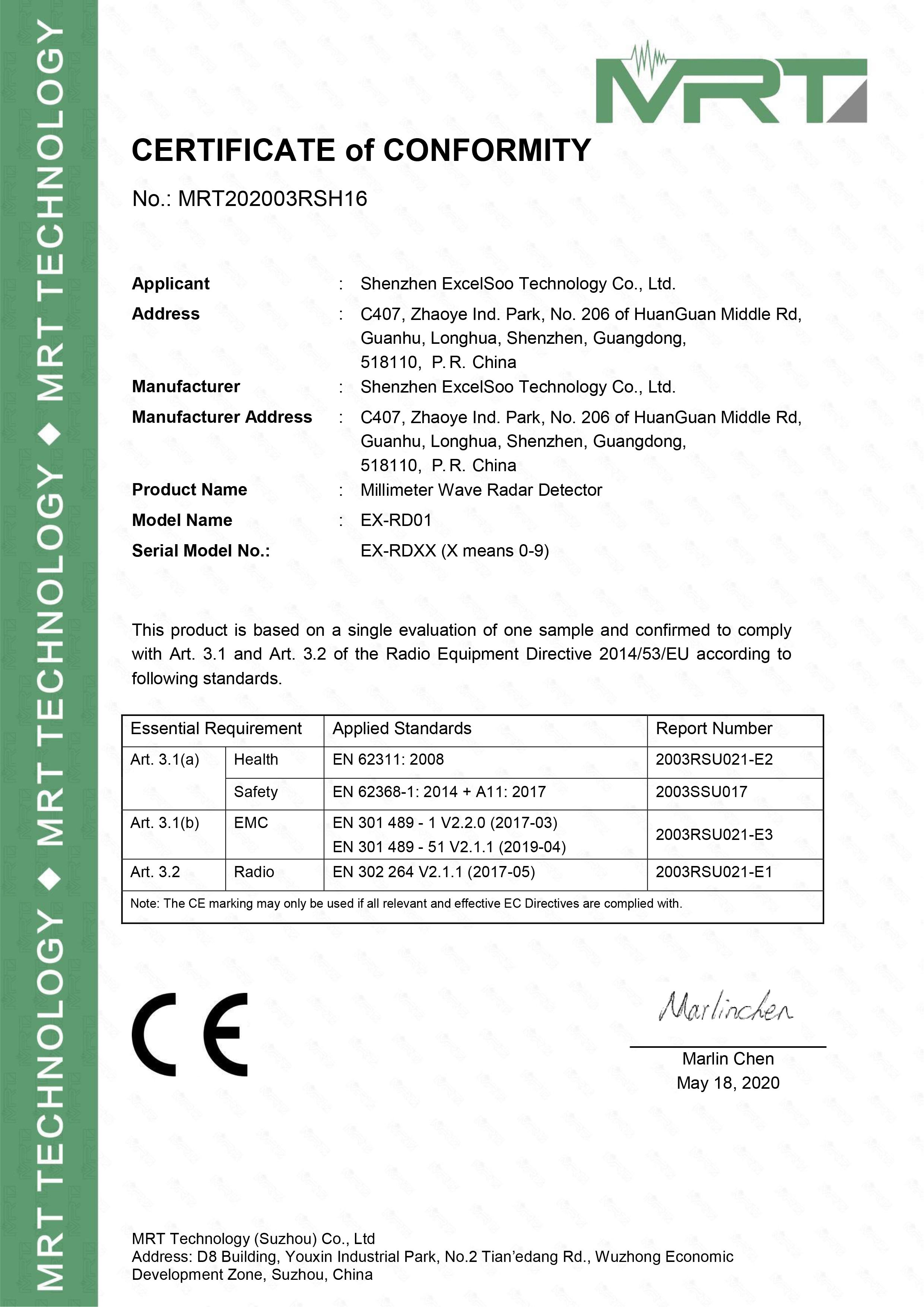 CE Certificate of the Excelsoo Radar Detector