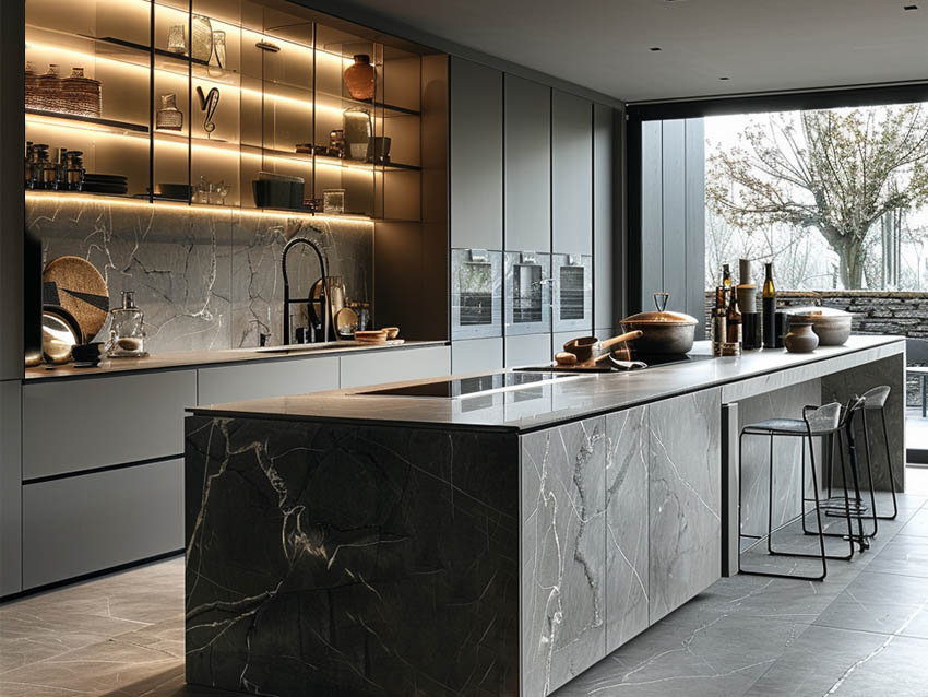 luxury modern kitchen in black, with middle island