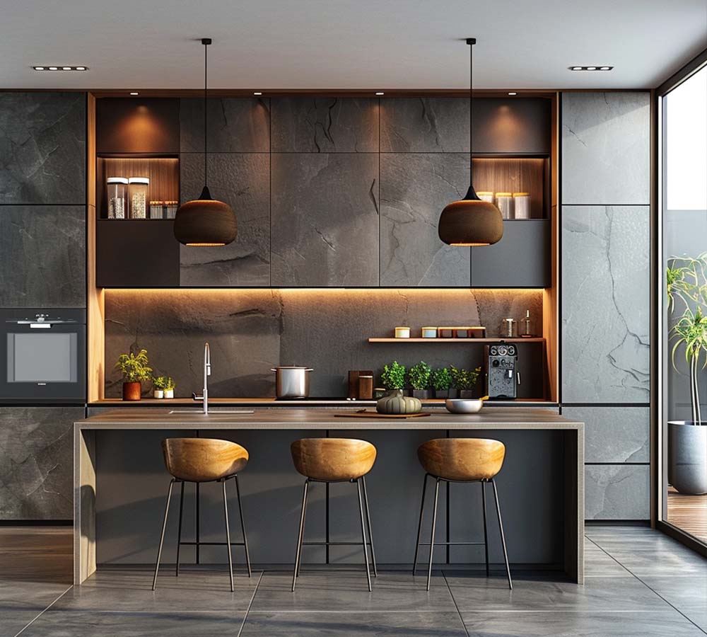 Modern beige lacquered kitchen cabinets with natural stone counter top