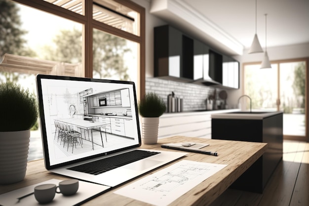 Laptop showing a kitchen design drawing  for a renovation house project