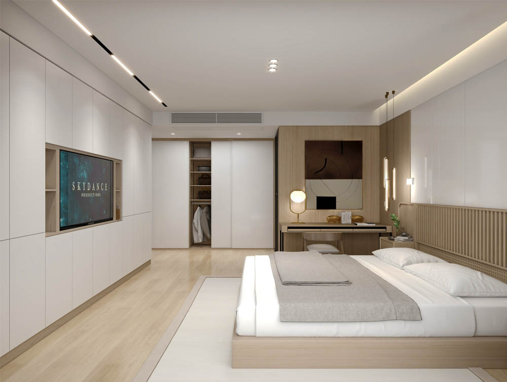 Bedroom with full customized built-in closets in white color