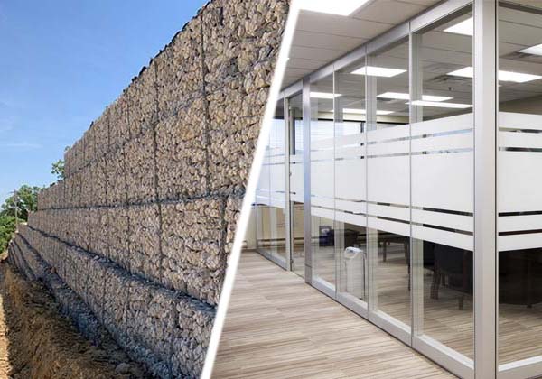 Construction materials showing exterior gabion baskets, and interior aluminum and glass wall partitions