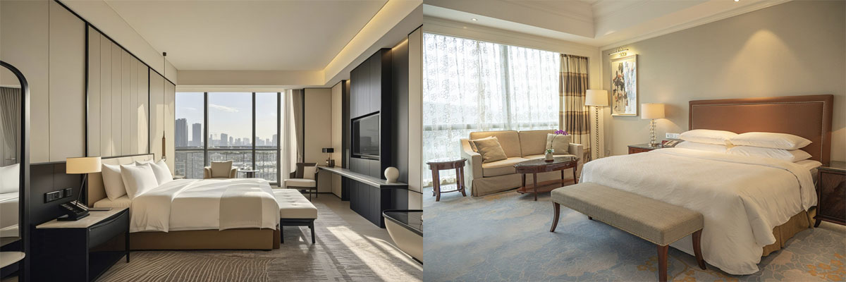 Image comparison showing custom furniture and renovation versus standard hotel furniture.
