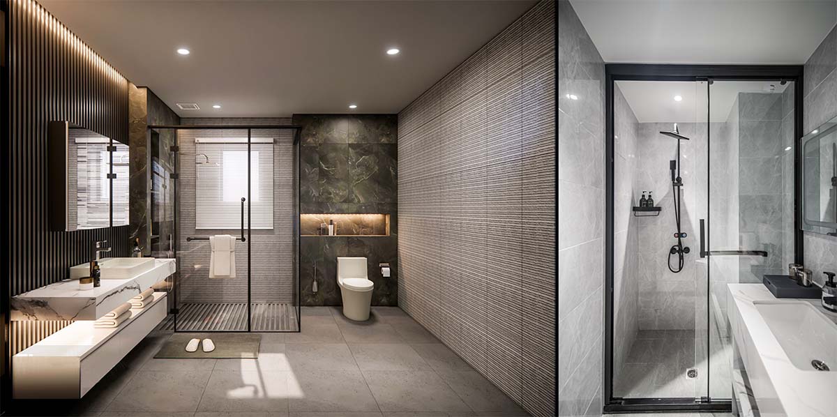 Combined image showcasing custom-designed hotel bathrooms, tailored for both spacious and compact layouts.