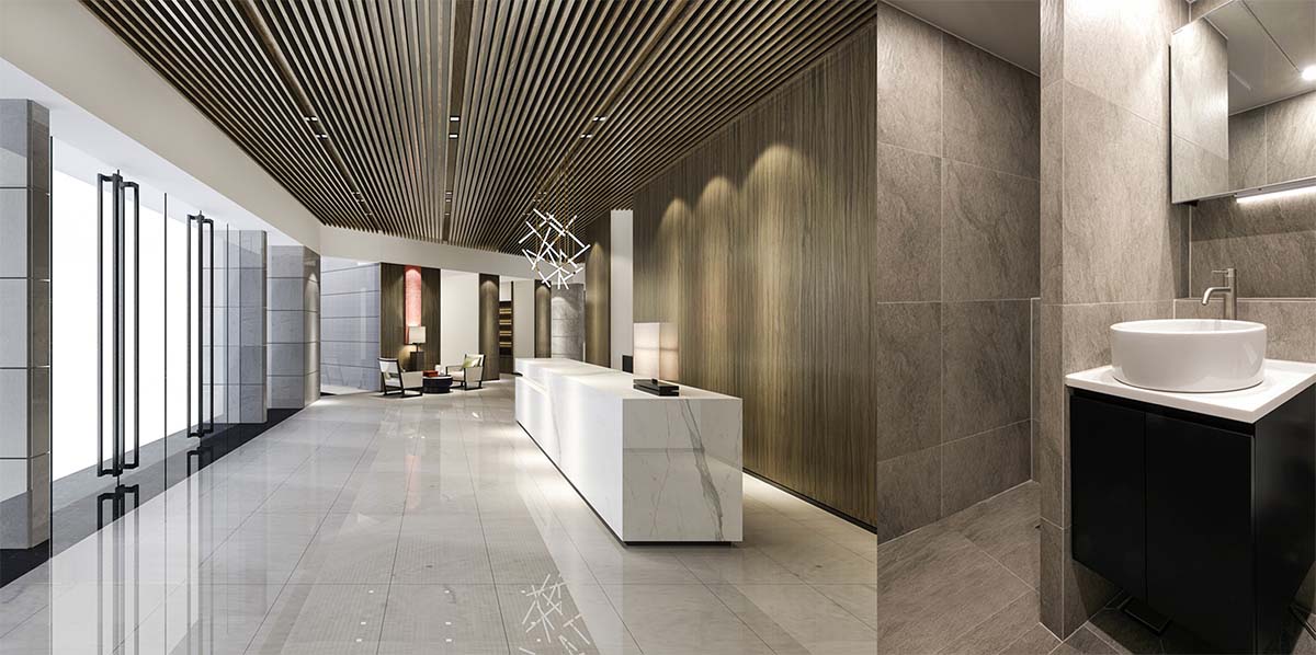 Combined image showcasing custom tiles designed for hotel lobbies and bathrooms.