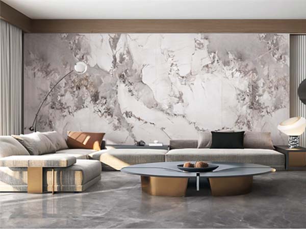 Large-format gres slabs creating seamless wall finishes indoors or outdoors.