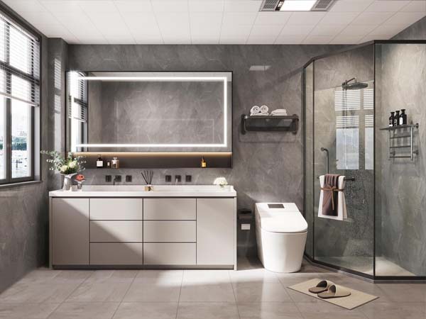 Bathroom with vanity cabinet shower enclosure