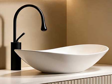 White ceramic vessel wash basin mounted on countertop