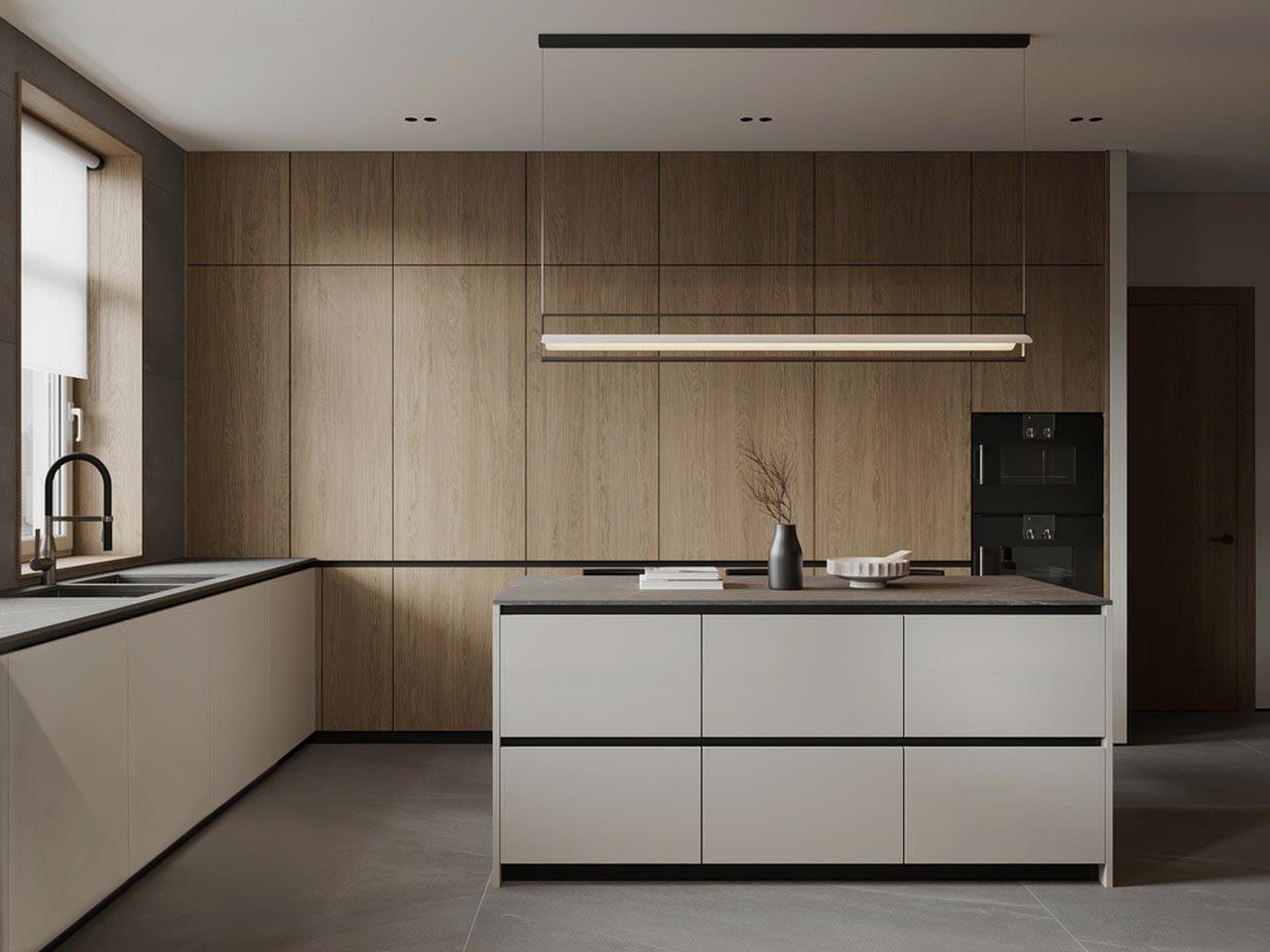 HPL flat-panel kitchen cabinets with matching woodgrain and beige finishes