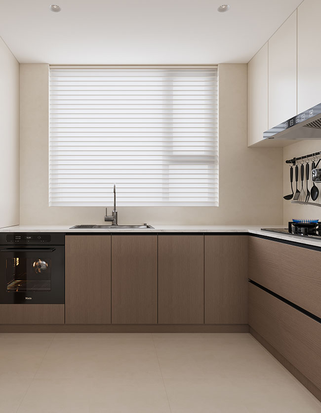L-shaped kitchen with woodgrain base cabinets and white wall cabinets