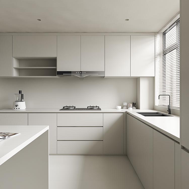 White solid-surface countertop with white lacquered kitchen cabinets