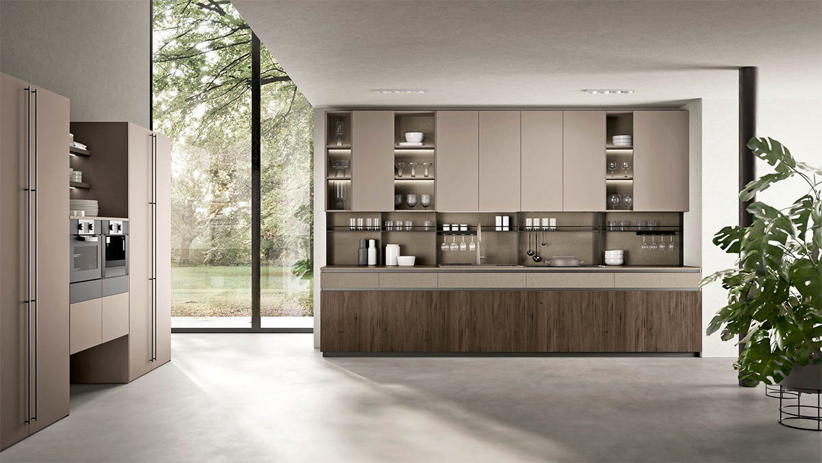Open-plan kitchen with woodgrain and beige melamine cabinets