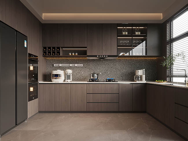 U-shaped modern kitchen with natural wood veneer cabinets
