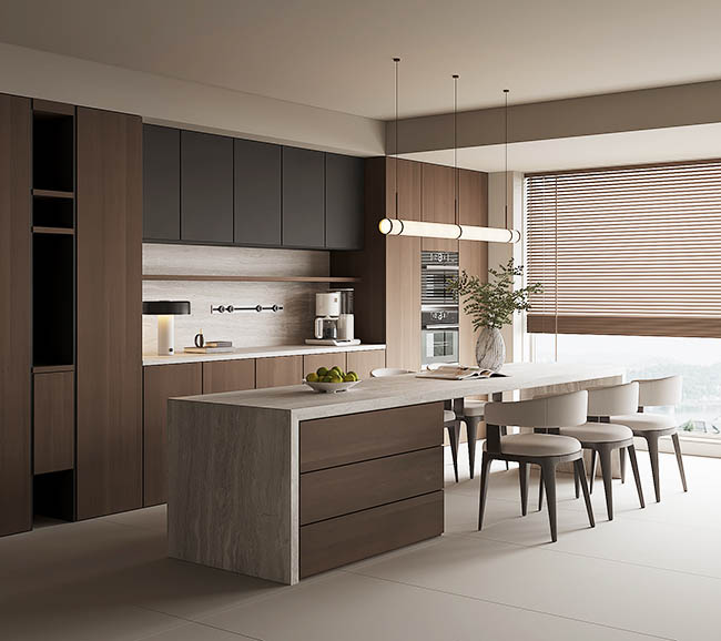 HPL woodgrain kitchen cabinets with sintered stone countertop and backsplash